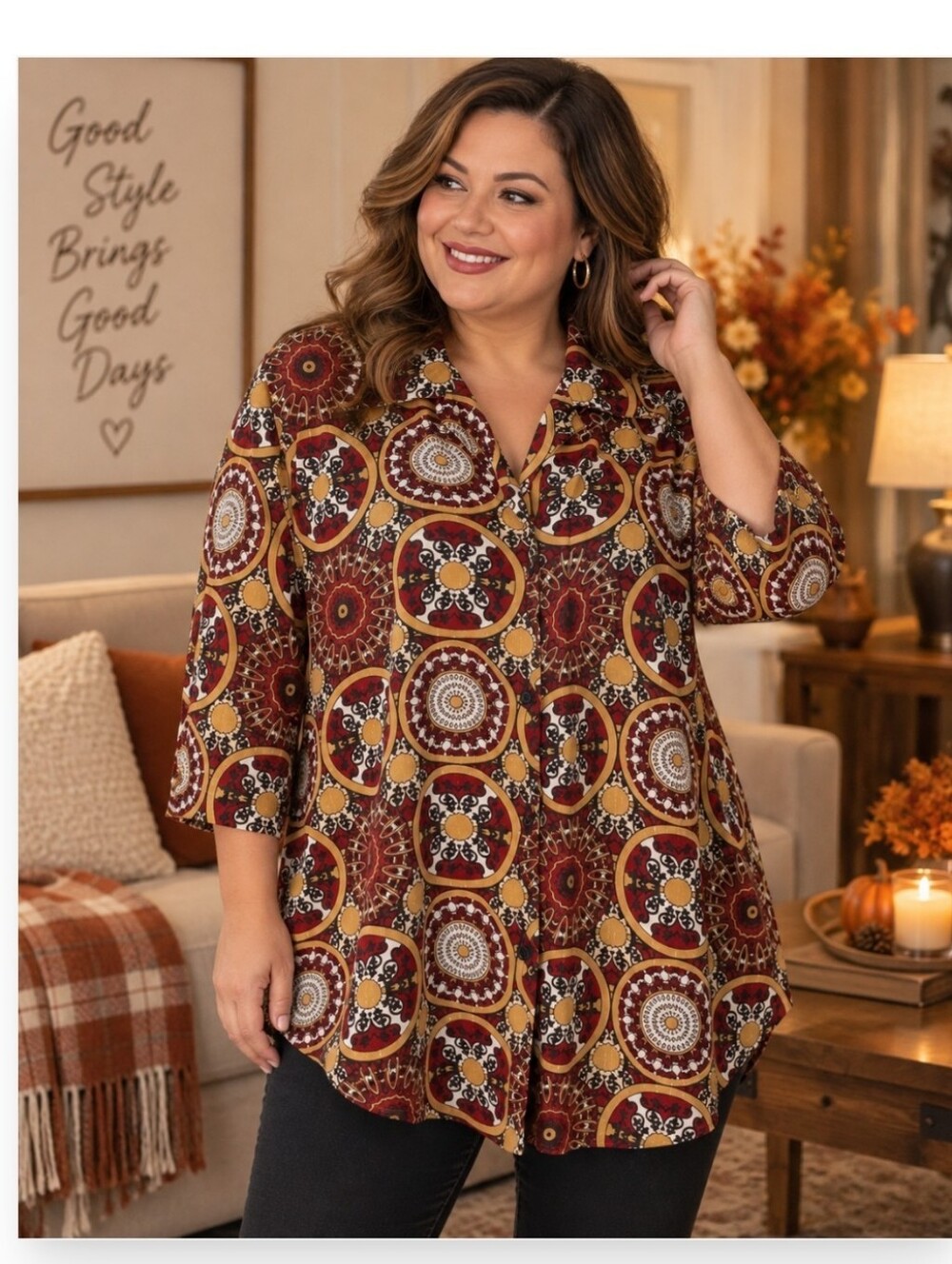 C.B. Collections Plus 1X Boho Medallion Print Button Front Tunic Top